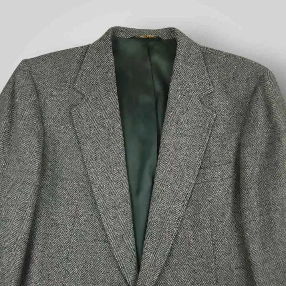 Vtg 70s Ivy Style Patch Pocket Tweed Jacket Mens 40R Wool Herringbone USA Gray